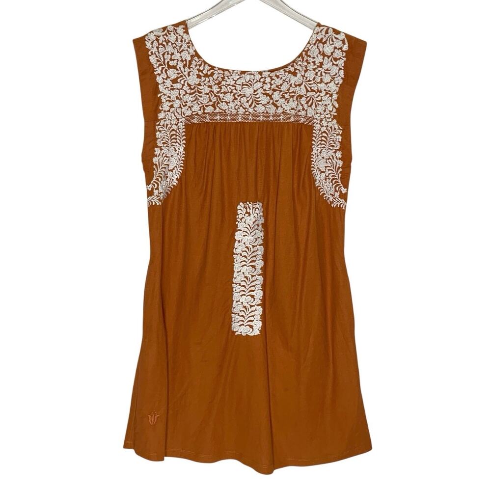 J. MARIE Rainey Tunic Dress M Burnt Orange Mexican Inspired Embroidery UT
